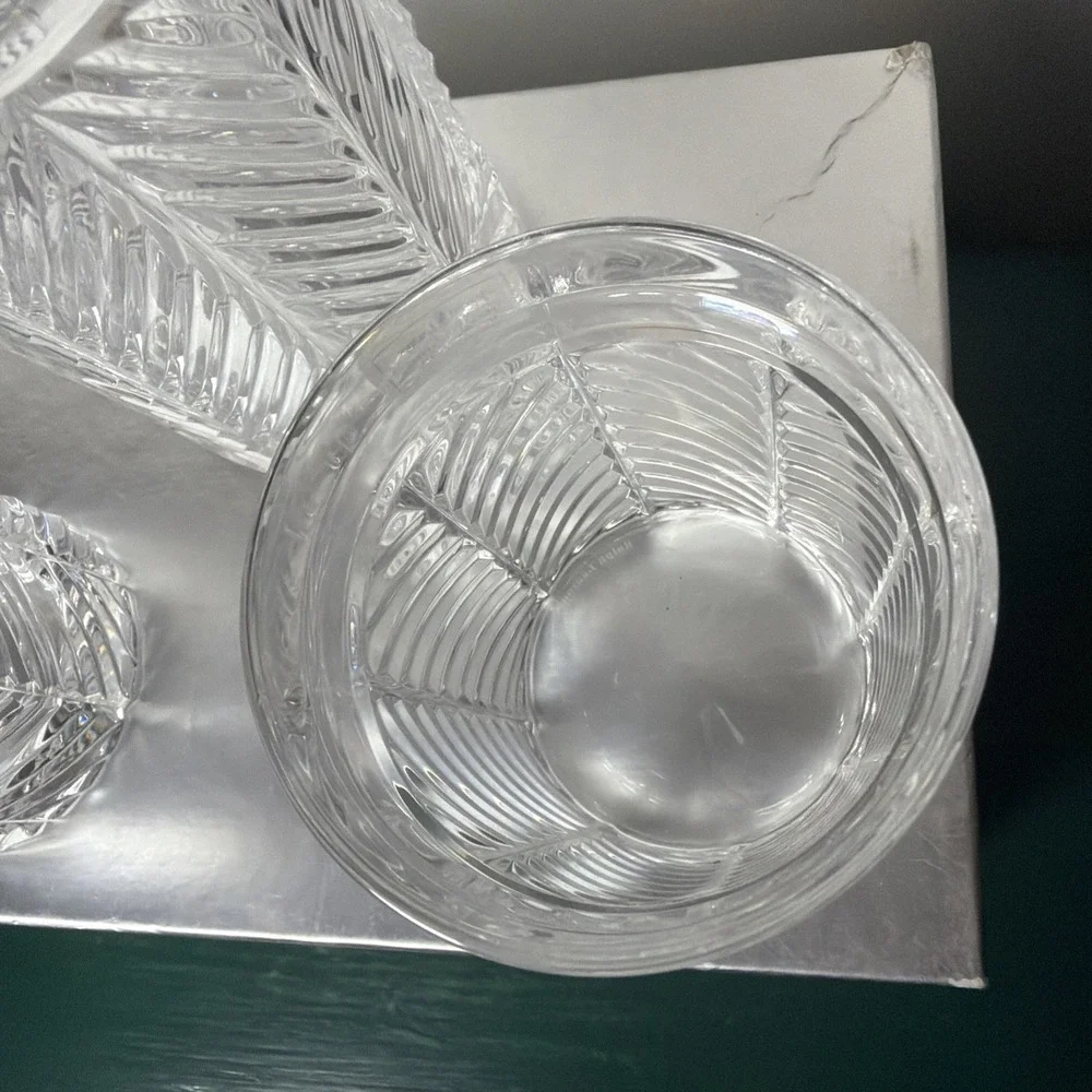 Vintage Ralph Lauren Herringbone Cut Crystal Decanter & 2 High Ball Glasses NEW